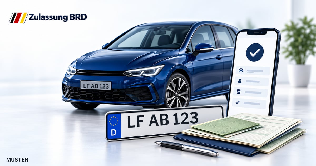 Online Fahrzeugzulassung in Landkreis Berchtesgadener Land: Musterkennzeichen LF AB 123, Auto und Fahrzeugpapiere und Smartphone. Illustration mit Logo von Zulassung BRD.
